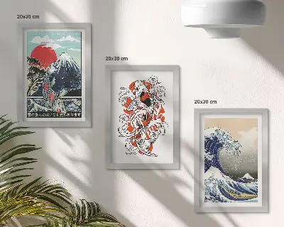 Komplet 3 slik v okvirju ilustracije gora, rib in Velikega vala pri Kanagawi v japonskem slogu