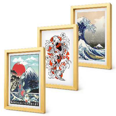 Set 3 slik v okvirju Ilustracije gora rib in Velikega vala pri Kanagawi, japonski slog
