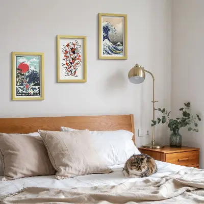 Komplet 3 slik v okvirju ilustracije gora, rib in Velikega vala pri Kanagawi v japonskem slogu