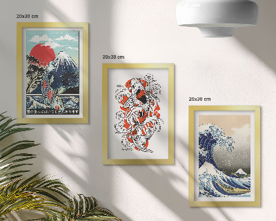 Set 3 slik v okvirju Ilustracije gora rib in Velikega vala pri Kanagawi, japonski slog