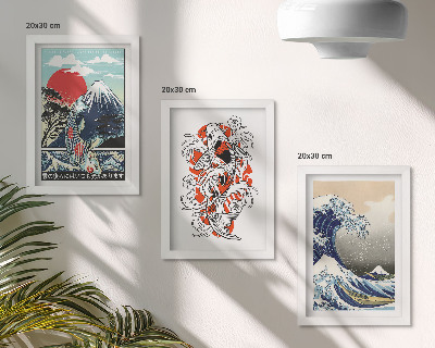 Set 3 slik v okvirju Ilustracije gora rib in Velikega vala pri Kanagawi, japonski slog