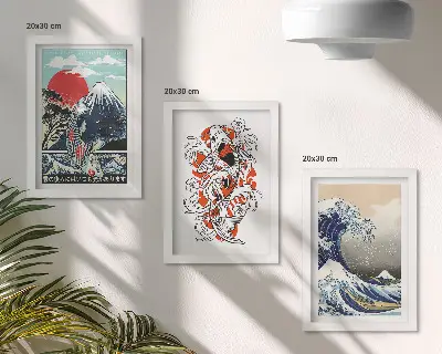 Komplet 3 slik v okvirju ilustracije gora, rib in Velikega vala pri Kanagawi v japonskem slogu