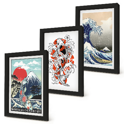 Set 3 slik v okvirju Ilustracije gora rib in Velikega vala pri Kanagawi, japonski slog
