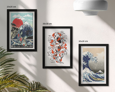Set 3 slik v okvirju Ilustracije gora rib in Velikega vala pri Kanagawi, japonski slog