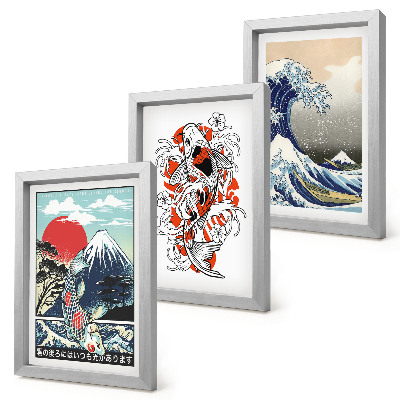 Set 3 slik v okvirju Ilustracije gora rib in Velikega vala pri Kanagawi, japonski slog