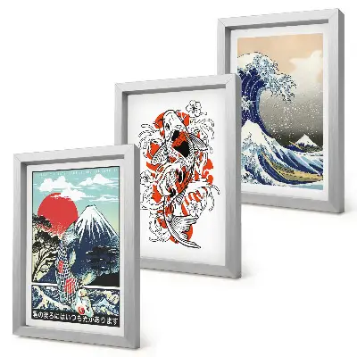 Komplet 3 slik v okvirju ilustracije gora, rib in Velikega vala pri Kanagawi v japonskem slogu