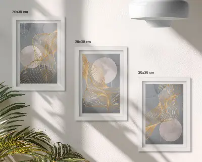 Stenska galerija slik z abstraktnimi vzorci valov in krogov na sivi podlagi