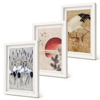 Komplet slik v okvirju Japonske ilustracije žerjavov, pokrajina japandi