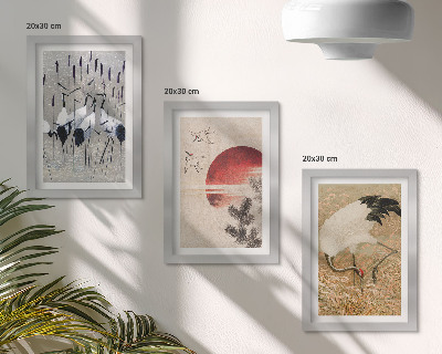 Komplet slik v okvirju Japonske ilustracije žerjavov, pokrajina japandi