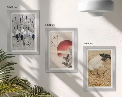 Komplet slik v okvirju japonske ilustracije žerjavov v slogu japandi