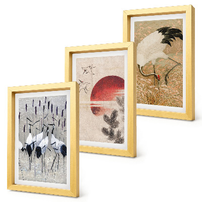 Komplet slik v okvirju Japonske ilustracije žerjavov, pokrajina japandi
