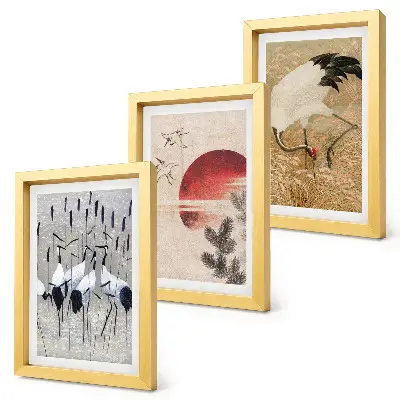 Komplet slik v okvirju japonske ilustracije žerjavov v slogu japandi