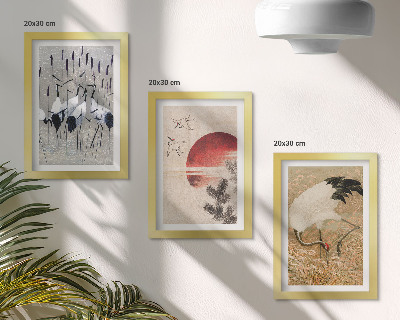 Komplet slik v okvirju Japonske ilustracije žerjavov, pokrajina japandi