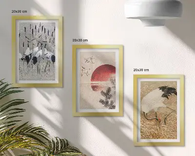 Komplet slik v okvirju japonske ilustracije žerjavov v slogu japandi