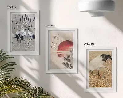 Komplet slik v okvirju japonske ilustracije žerjavov v slogu japandi