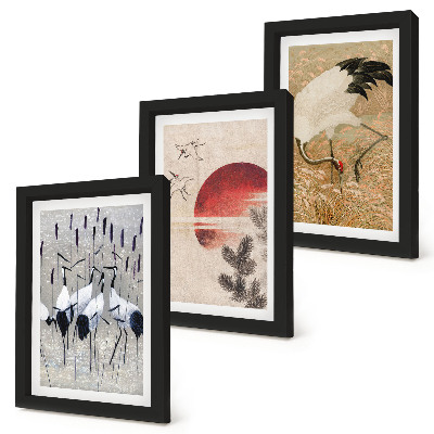 Komplet slik v okvirju Japonske ilustracije žerjavov, pokrajina japandi