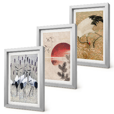 Komplet slik v okvirju Japonske ilustracije žerjavov, pokrajina japandi