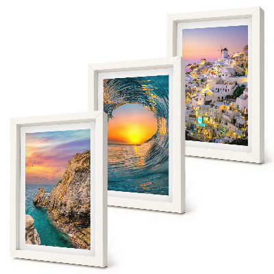 Set 3 slik v okvirju Pogled na morje, valove in bele hiše na Santoriniju v Grčiji