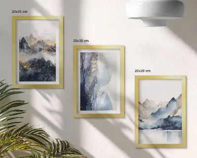 Stenska galerija slik gorske pokrajine v modrih in sivih odtenkih