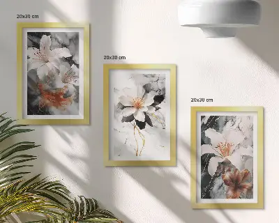 Stenska galerija slik rože na marmornem ozadju v črno-belih odtenkih