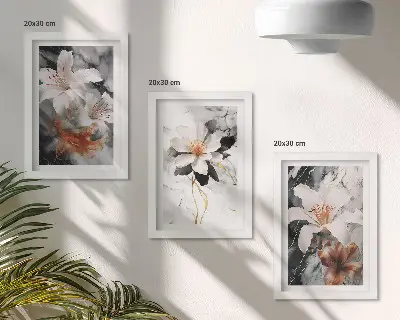 Stenska galerija slik rože na marmornem ozadju v črno-belih odtenkih
