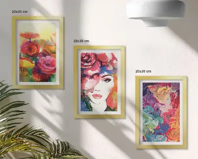 Komplet 3 slik v okvirju rože v intenzivnih barvah, portret ženske in abstraktni motivi