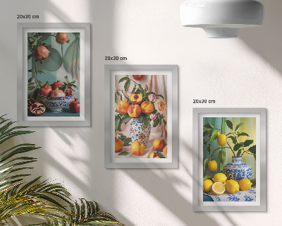 Stenska galerija slik Granatna jabolka, breskve in limone v vazah