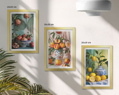 Stenska galerija slik Granatna jabolka, breskve in limone v vazah