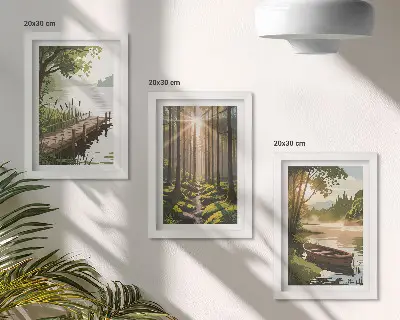 Stenska galerija slik mirne gozdne in jezerske pokrajine s čolnom