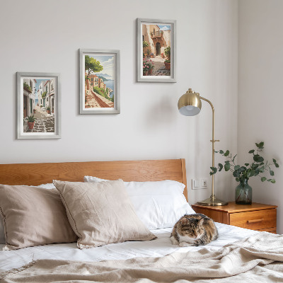 Stenska galerija slik Slikovite ulice s hišami in lončnicami