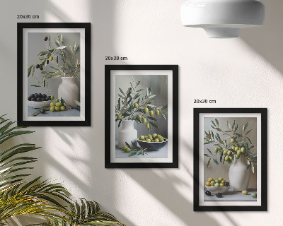 Stenska galerija slik Oljke v vazah z vejami na sivi podlagi