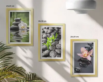 Stenska galerija slik mirna zen kompozicija s kamni in cvetjem na vodi
