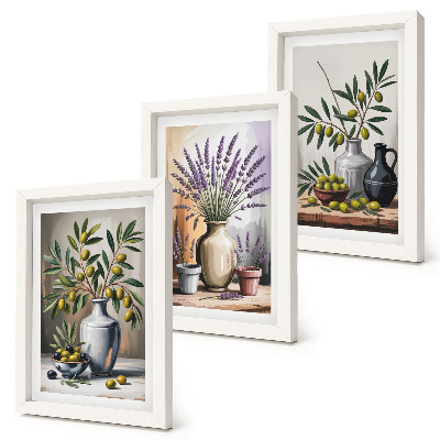 Komplet slik v okvirju Rože in olive v vazah na svetlem ozadju