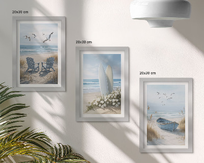Stenska galerija slik Plaža z deskami za surfanje, čolni in pticami