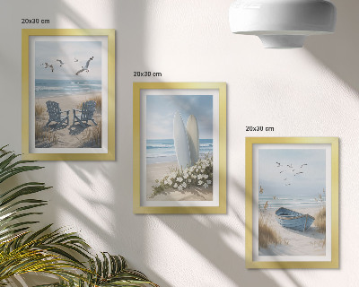 Stenska galerija slik Plaža z deskami za surfanje, čolni in pticami