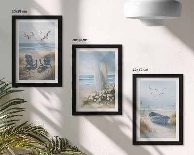 Stenska galerija slik Plaža z deskami za surfanje, čolni in pticami