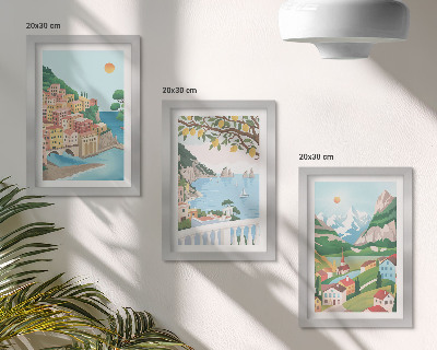 Set 3 slik v okvirju Pogled na morje s hišami v pastelnih barvah