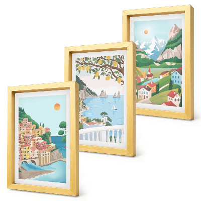 Set 3 slik v okvirju Pogled na morje s hišami v pastelnih barvah