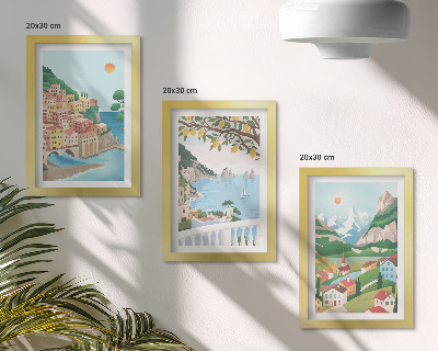 Set 3 slik v okvirju Pogled na morje s hišami v pastelnih barvah