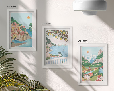 Set 3 slik v okvirju Pogled na morje s hišami v pastelnih barvah