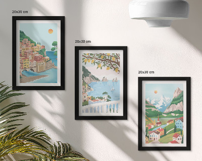 Set 3 slik v okvirju Pogled na morje s hišami v pastelnih barvah