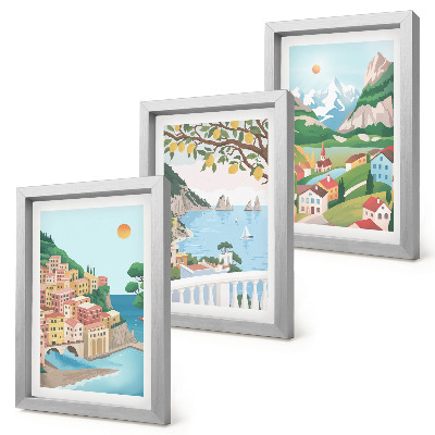 Set 3 slik v okvirju Pogled na morje s hišami v pastelnih barvah