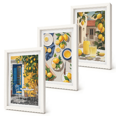 Komplet slik v okvirju Limonin vrt z limonami in pijačo na mizi
