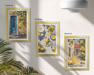 Komplet slik v okvirju Limonin vrt z limonami in pijačo na mizi