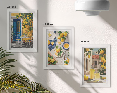 Komplet slik v okvirju Limonin vrt z limonami in pijačo na mizi