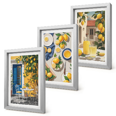 Komplet slik v okvirju Limonin vrt z limonami in pijačo na mizi