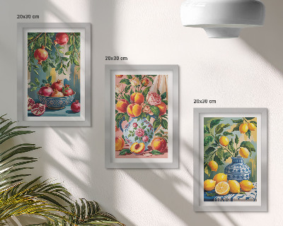 Komplet slik v okvirju Sadne kompozicije z granatnimi jabolki, limonami in breskvami