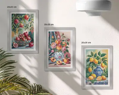 Poslikano cvetje in sadje v vazah komplet 3 slik v okvirju