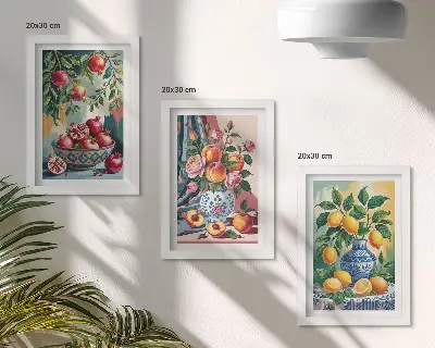 Poslikano cvetje in sadje v vazah komplet 3 slik v okvirju