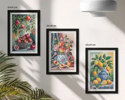 Poslikano cvetje in sadje v vazah komplet 3 slik v okvirju